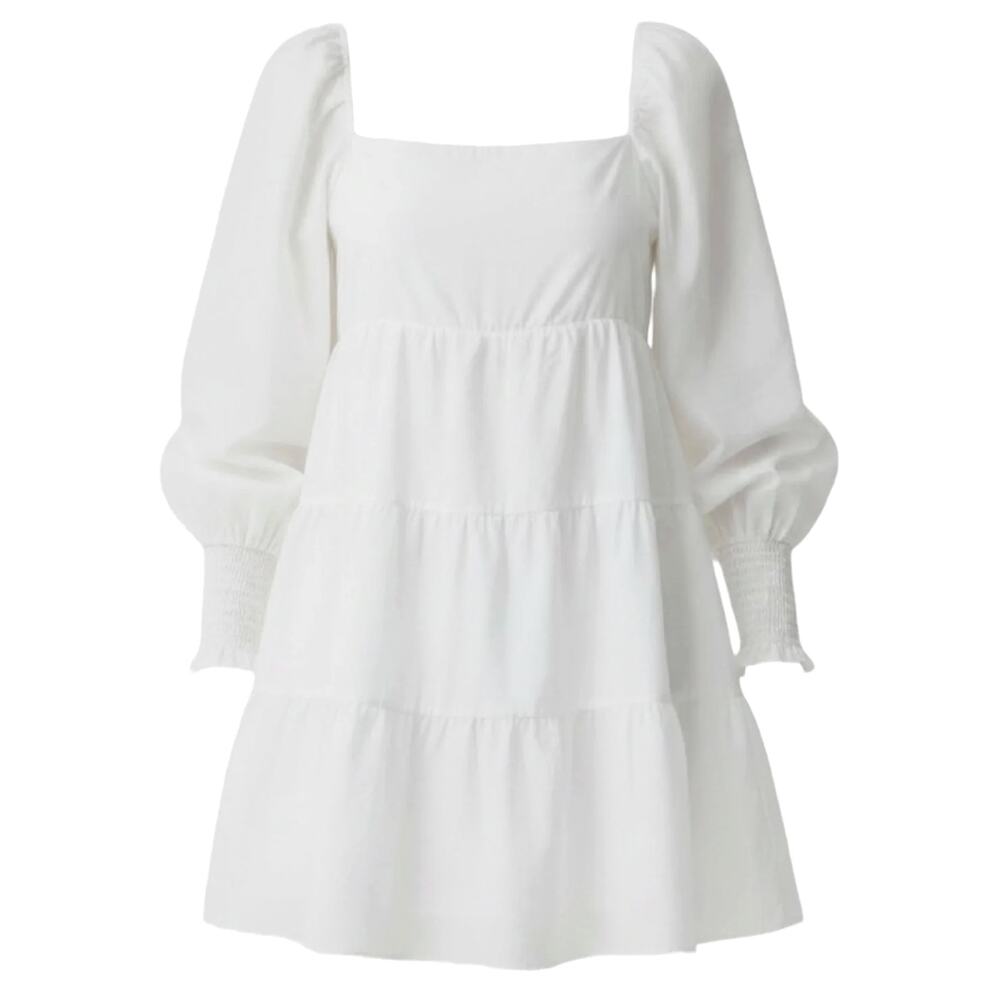 Alice + Olivia Rowen Tiered Tie-Back Cotton Silk Mini Dress Off White Large L